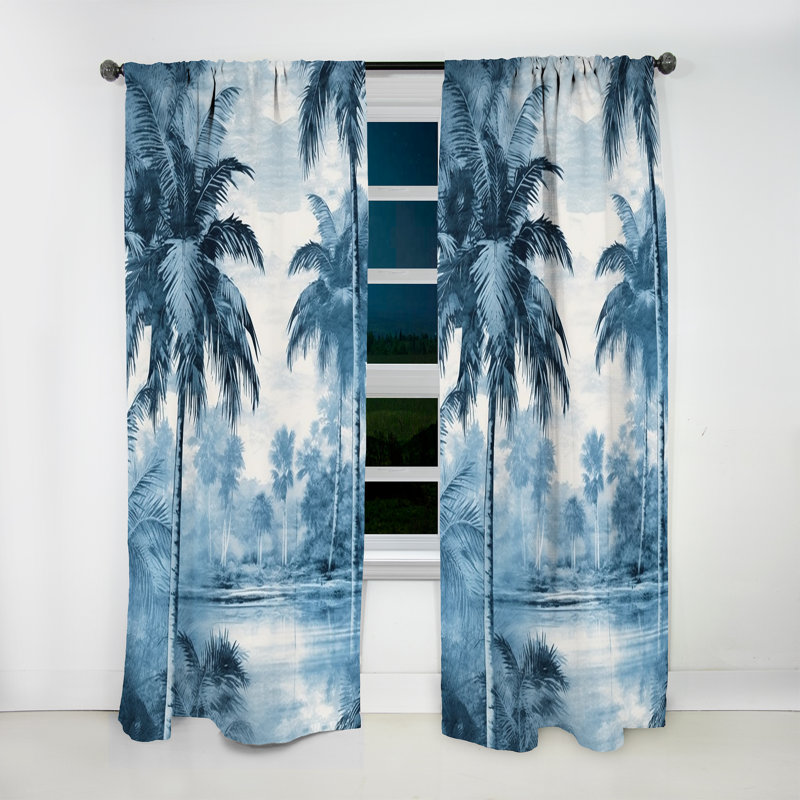 Palmier bleu rétro Shadows I - rideau palmiers - obscurcissant velours - 1 panneau, L 52 po x L 63 po