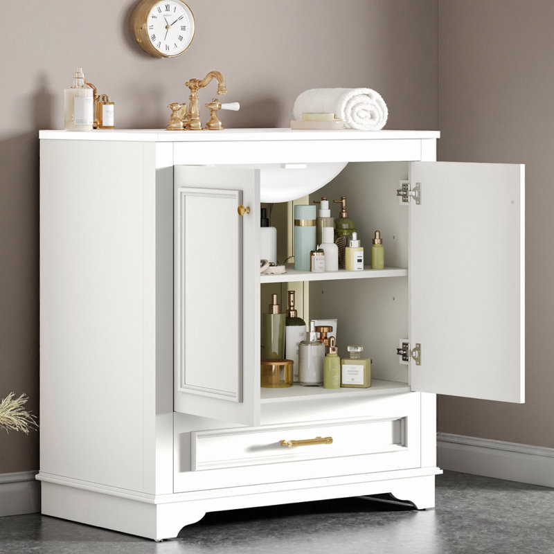 Meuble-lavabo de 30 po d'inspiration française avec lavabo en céramique | Structure en bois massif, 2 portes à fermeture en douceur avec tablette et tiroir réglables, rayures sculptées pour un charme rétro