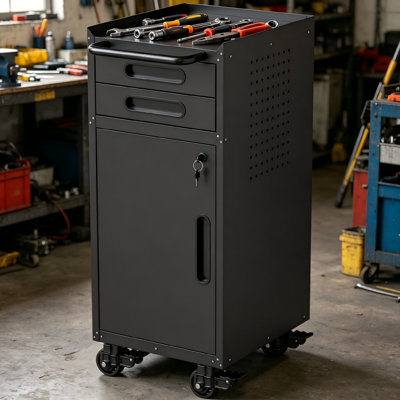 Narrow Metal Tool Cabinet With Casters, Lockable Doors, Double Drawers, And Large Handles To Fit In Small Garage Spaces.