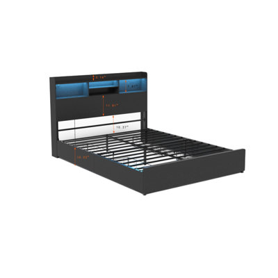 Full Bed Frame With 4 Storage Drawers, Featuring Led Lighting And A Charging Station Design