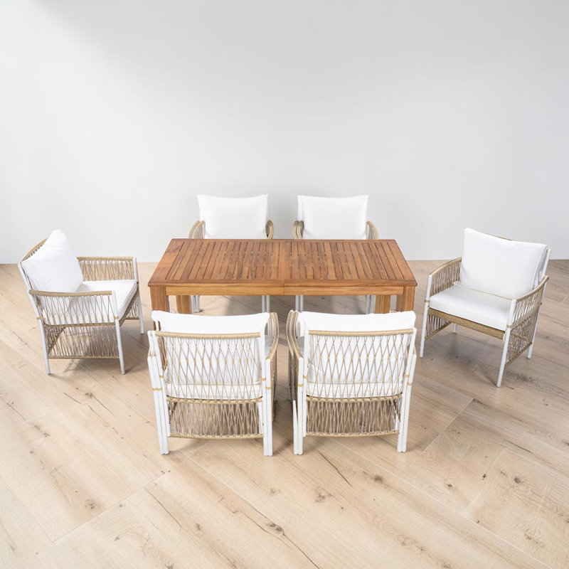 Ensemble de table de salle à manger pour 6 personnes, table en bois d'acacia, chaises en rotin, moderne contemporain, utilisation extérieure