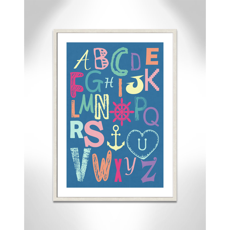Alphabet imprimé sur papier, H 34,5 po x l 24,5 po x P 1,18 po, Encadré de boîte à grain de bois blanc