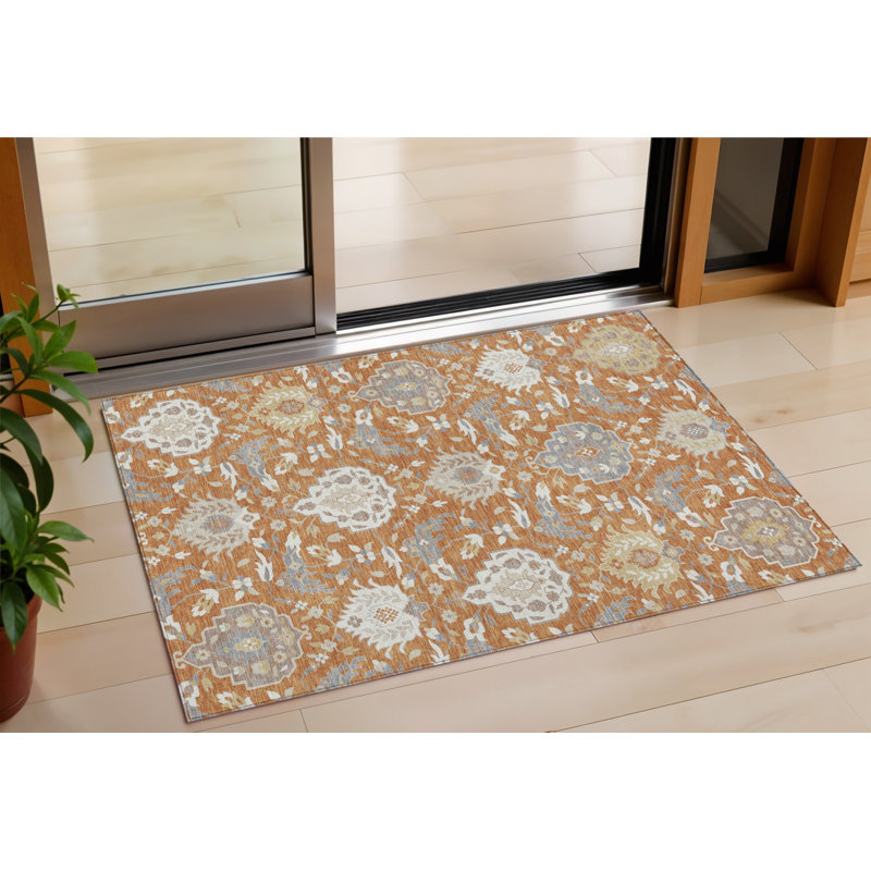 3' X 5' Copper Ivory And Gray Damask Washable Indoor Outdoor Area Rug