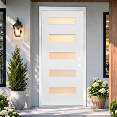 Peyton 36" x 80" Fiberglass Entry Door Slab, White Brushed‑Smooth Finish, 5‑Lite Horizontal Frosted Triplex Glass