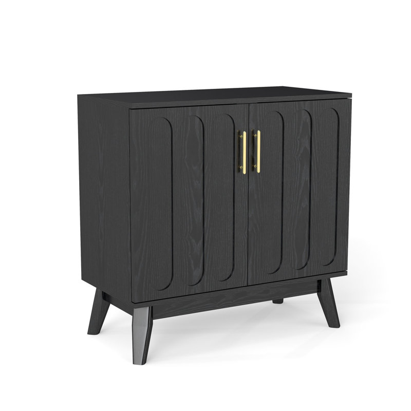 Armoire de rangement cannelée avec trou de sortie, pieds en bois massif et tablettes réglables - Commode de salle à manger