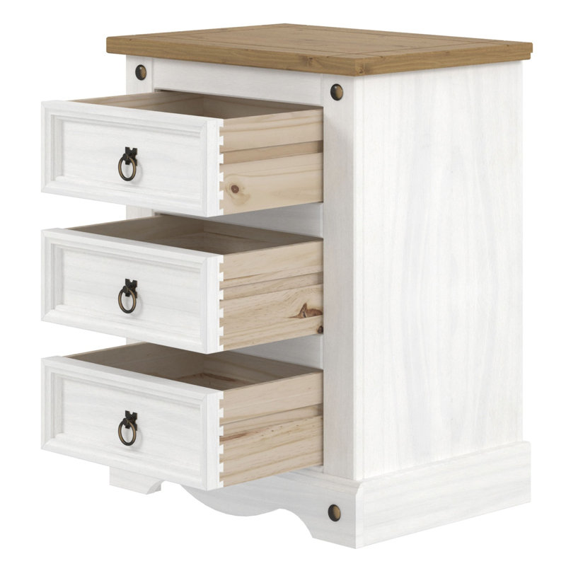 Mauldin 3 Drawer Bedside Table, Solid Pine Corona design, White