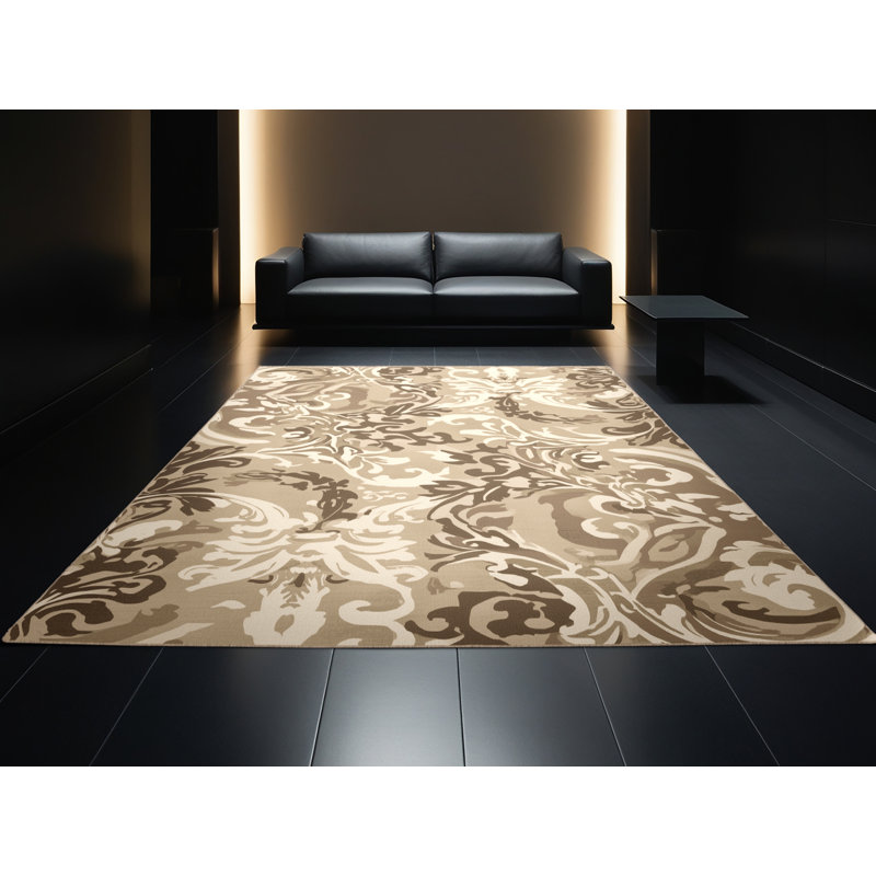 Machine Washable Pantelis Traditional Damask Rug in Brown – Beige Binding, 2 x 4
