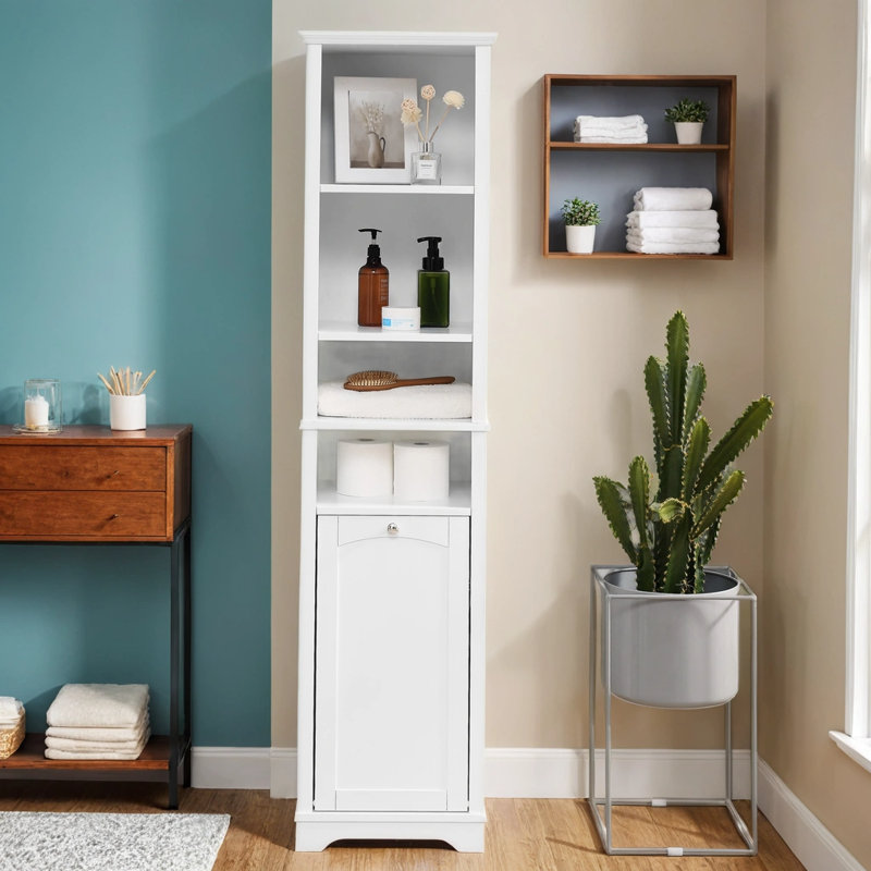 Armoire de salle de bain 64 po peu encombrante: 4 tablettes réglables, rangement dissimulé et panier à linge gratuit pour les petits espaces