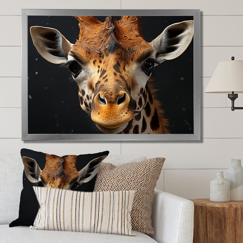 Portrait de girafe noir et blanc II - impression, Cadre simple argenté, H 12 po x l 20 po x P 1 po