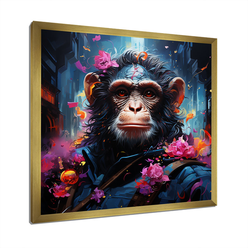Floral, singe, art mural singe, H 16 po x l 16 po x P 1 po, Cadre doré simple