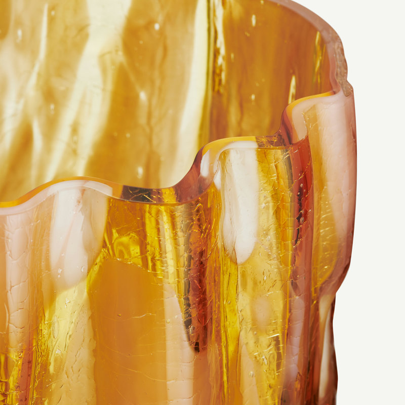 Crackle Glass Table Vase, Amber/Flamingo, 10.63" H x 7.87" W x 7.87" D