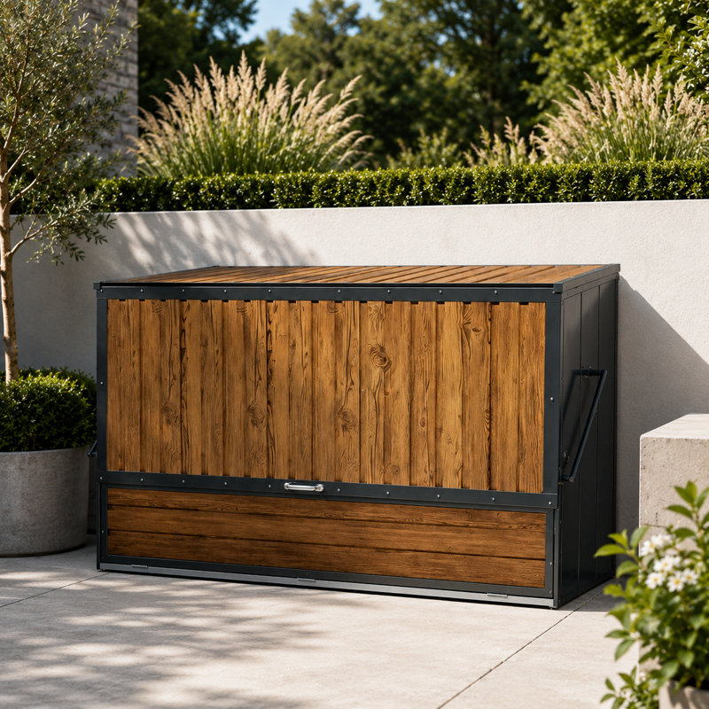 Remise de rangement extérieure en acier galvanisé gris anthracite et bois naturel avec couvercle relevable et porte rabattable, l 81,14 po de largeur, 79,46 pi³