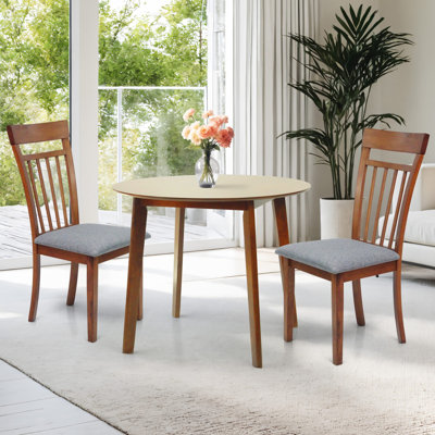 3 Piece Dining Table Set, 2 Classic Style Solid Wood Side Chairs with Round Dining Table, Kitchen Room Set w Gray Cushion