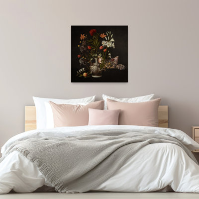 Peeking Cat Still Life Classic Elegant Vintage Cat Iris Lily Flower Wall Art Print