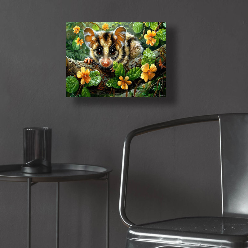 Art mural en verre opossum entre fleurs par Momart, H 12 po x l 16 po x P 0,13 po