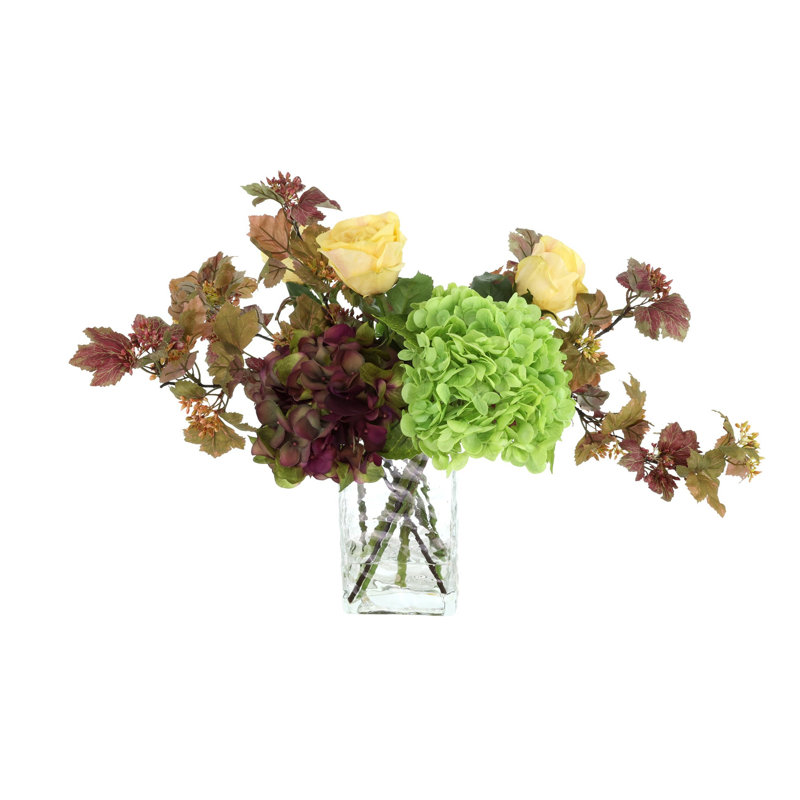 Hydrangea and Rose Fall Arrangement in Glass Ripple Vase