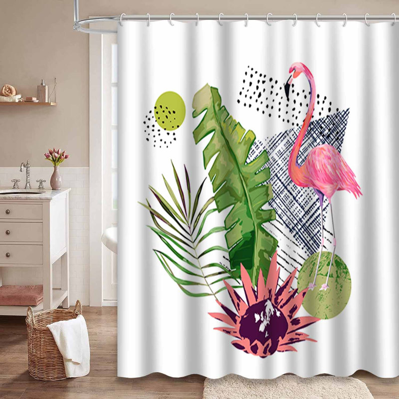 Rideau de douche imperméable à motif floral avec flamants tropicaux et 12 crochets, L 72 po x l 78 po
