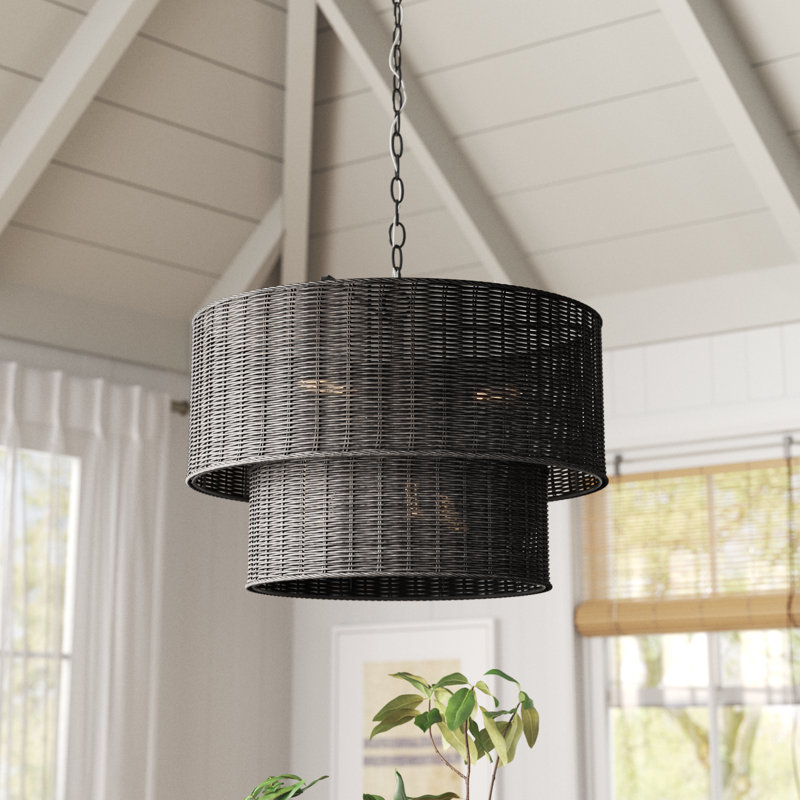 Cuthmore 6-Light Steel Dimmable Drum Chandelier, Matte Black, Black Wicker, 6 Lights
