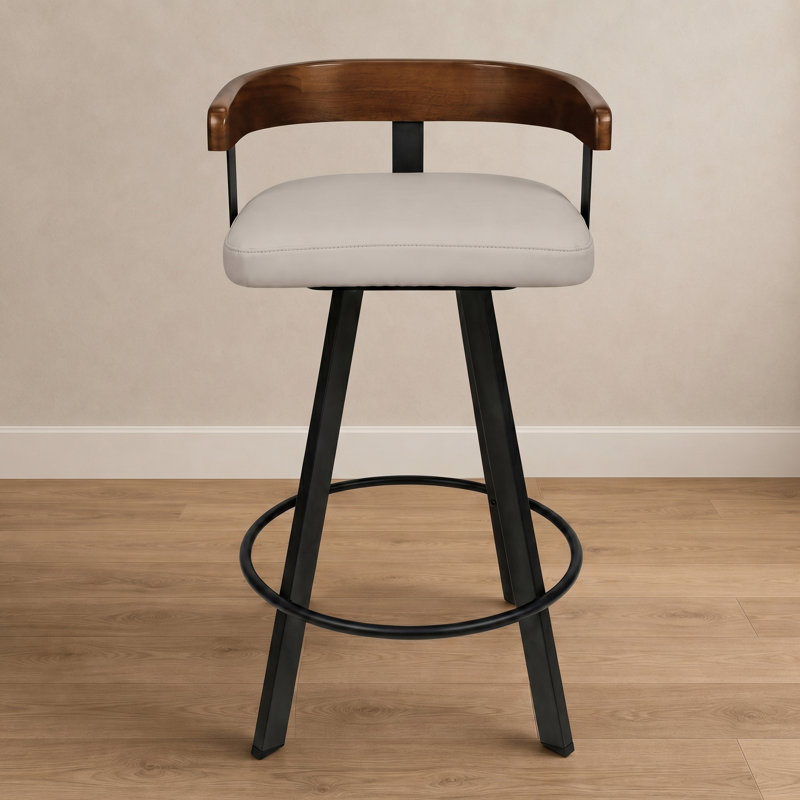 26" Swivel Counter Stool with Solid Walnut Wood Back and Upholstered Seat, Light Gray Seat, Counter Stool (26” Seat Height)