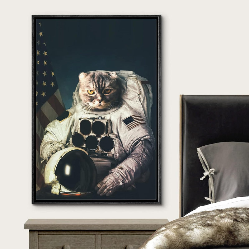Astronaute avec tête de chat et drapeau américain, astronomie et animaux de l'espace sur toile, H 24 po x l 16 po x P 1,5 po
