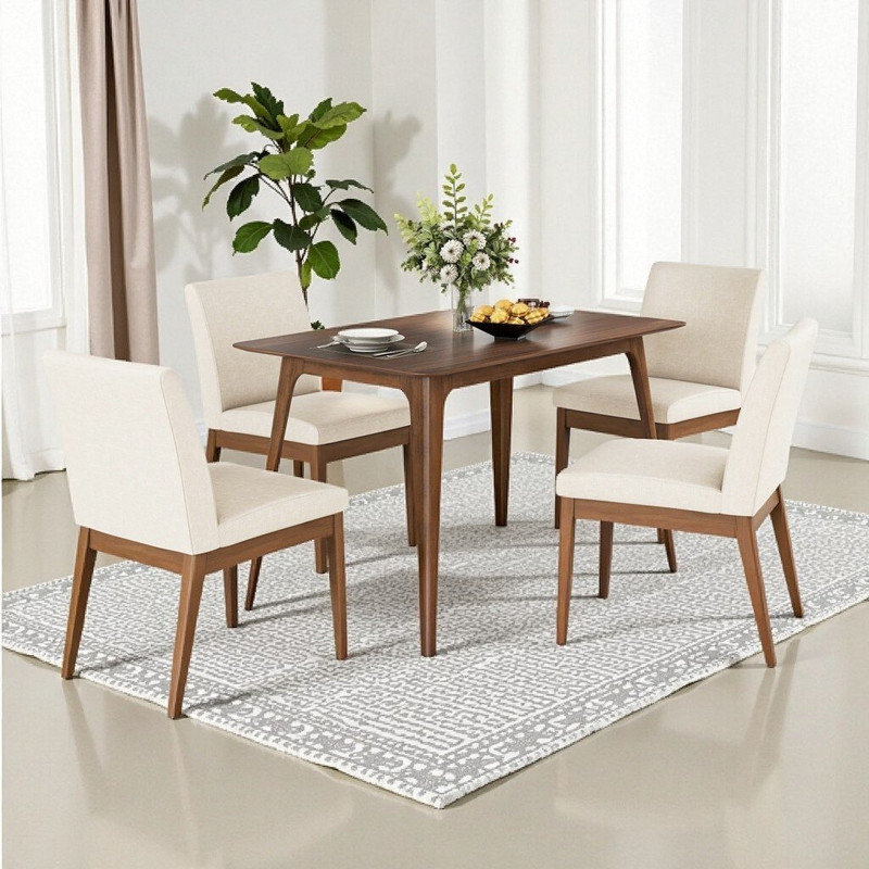 Ensemble de table de salle à manger 5 pièces avec structure en bois d'hévéa massif et 4 chaises de salle à manger rembourrées