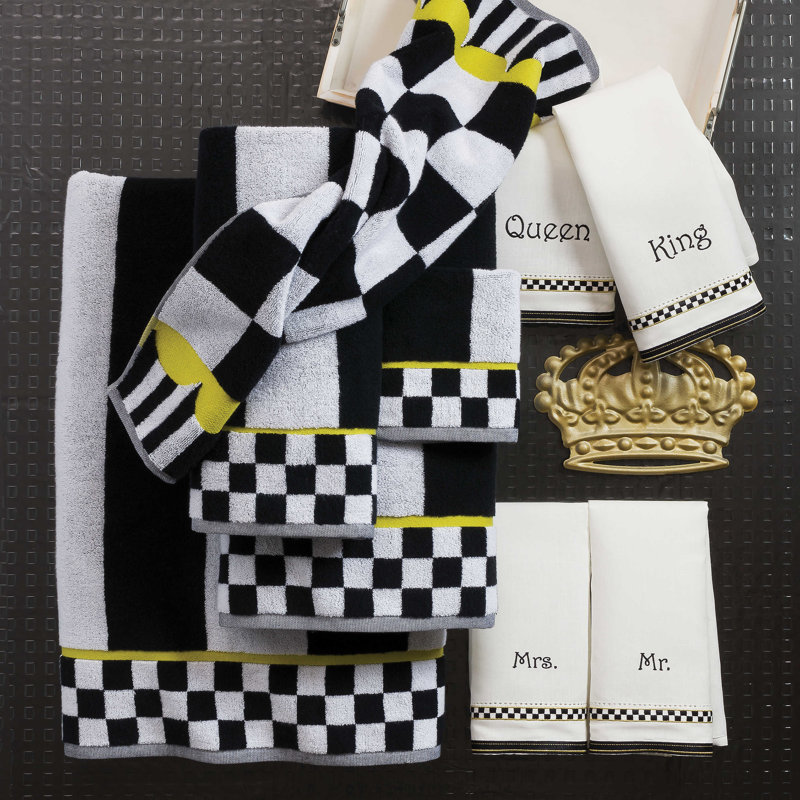 Black and White Cotton Hand Towel with Chartreuse Trim