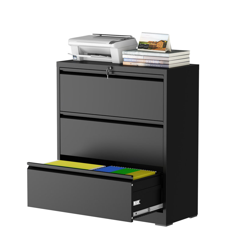 35.43" 3 Drawer Metal Lateral File Cabinet with Lock for Home and Office., Black