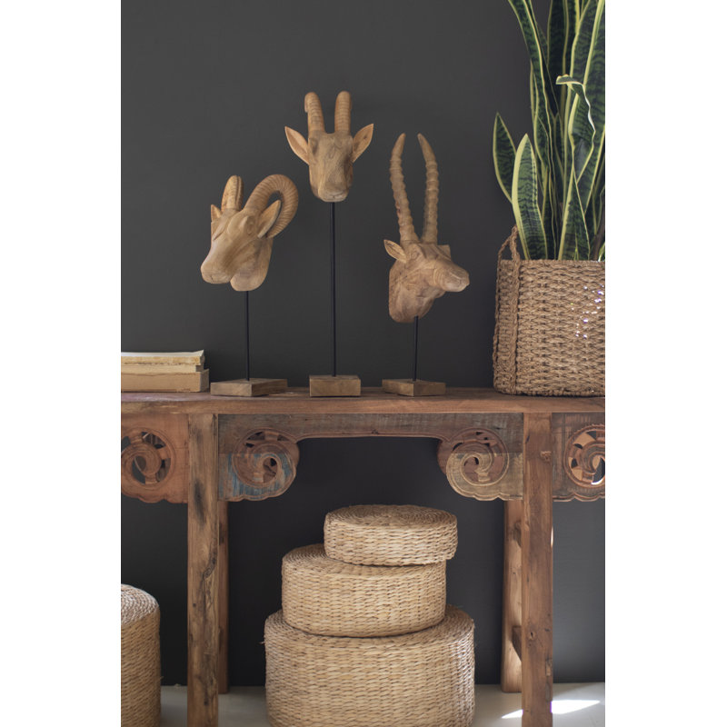  Têtes d'animaux d'Afrique en bois de manguier - ensemble de 3 décorations rustiques de 28,25 po de hauteur