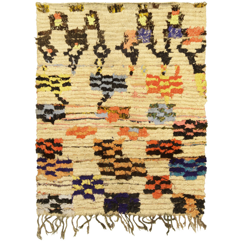 Tapis vintage beige / rouge en laine fait à la main 4 pi x 5 pi 4 po Vintage