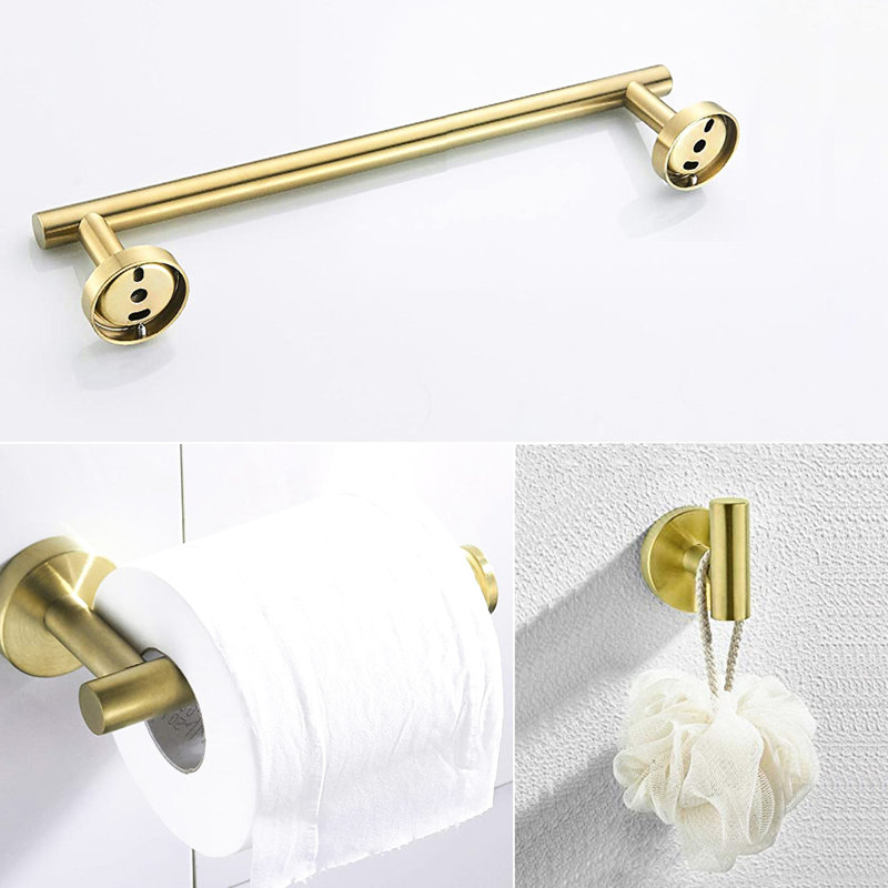 3 Bathroom In Gold - Sus304 Stainless Steel Hardware. Rustproof Bath Accessories. 12" Towel Bar, Toilet Paper Holder, Robe Hook. Contemporary Design With Smooth Finish. Easy Maintenance. Mounting