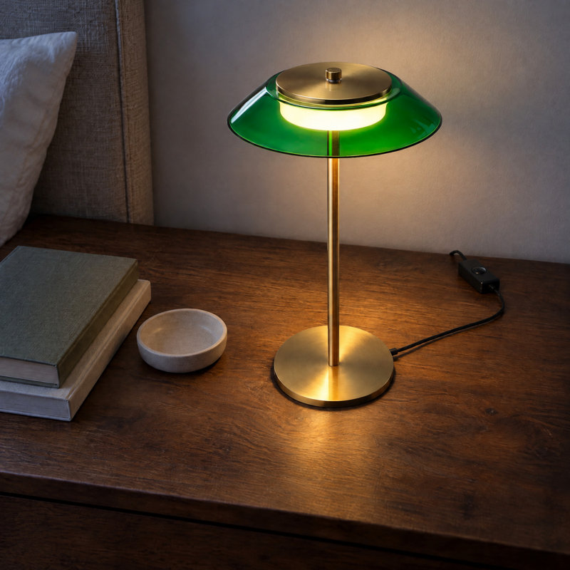 Lampe de banquier vintage en verre vert émeraude, lampe de table DEL intégrée à intensité variable, 100-240 V, corps en laiton antique