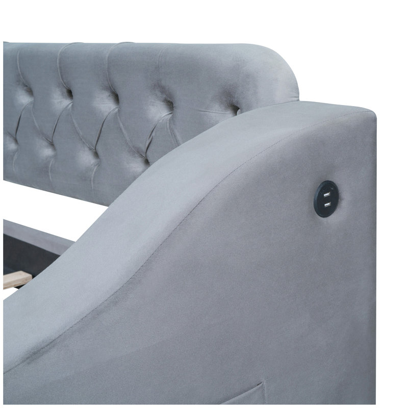 Lit de jour simple rembourré avec accoudoirs de rangement et port USB, Gris
