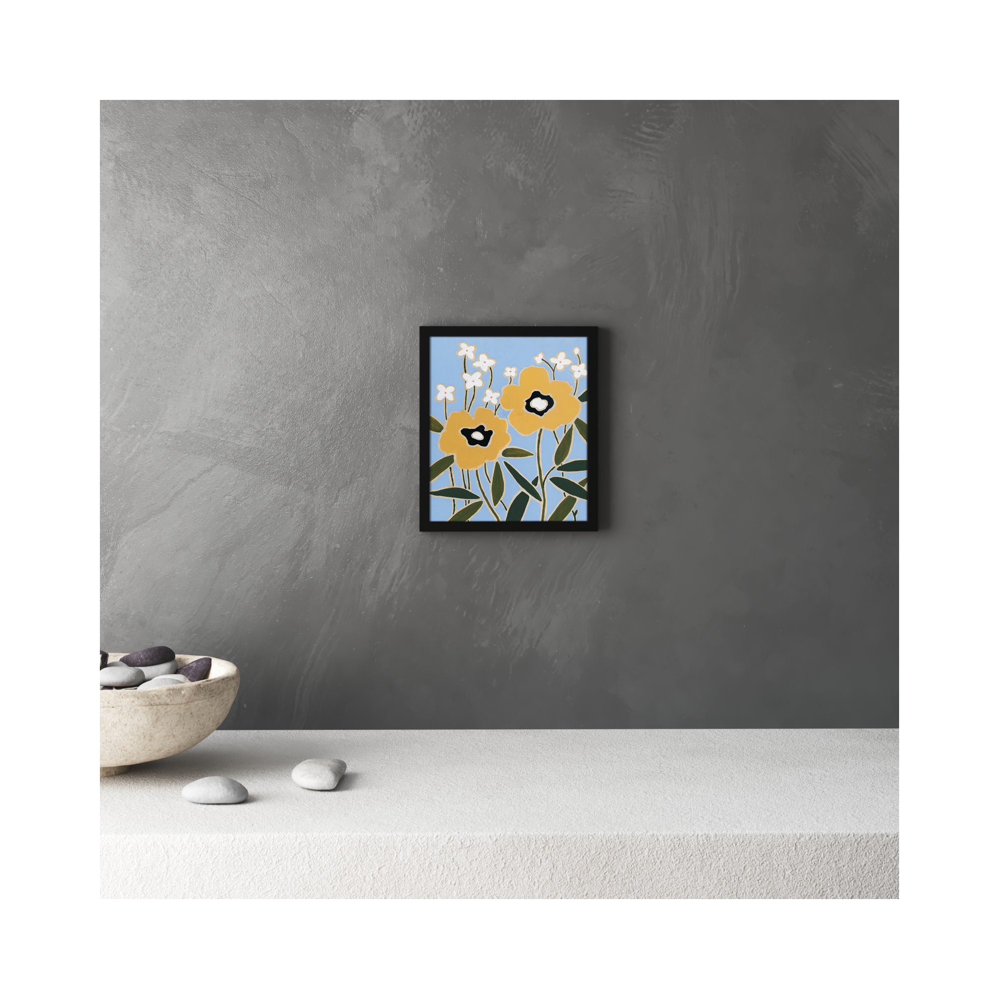 Woodblock Floral II by - Single Picture Frame Print, 15" H x 13" W x 1.25" D, Satin Black Framed