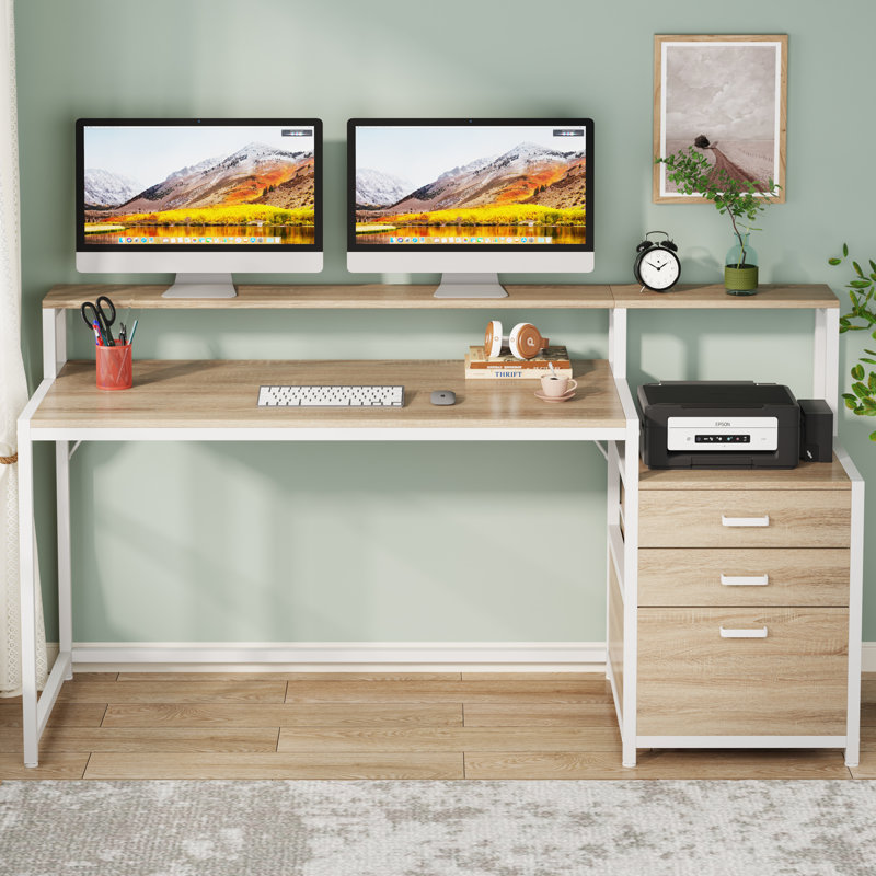 Metal Base Computer Desk, Beige, White/Beige