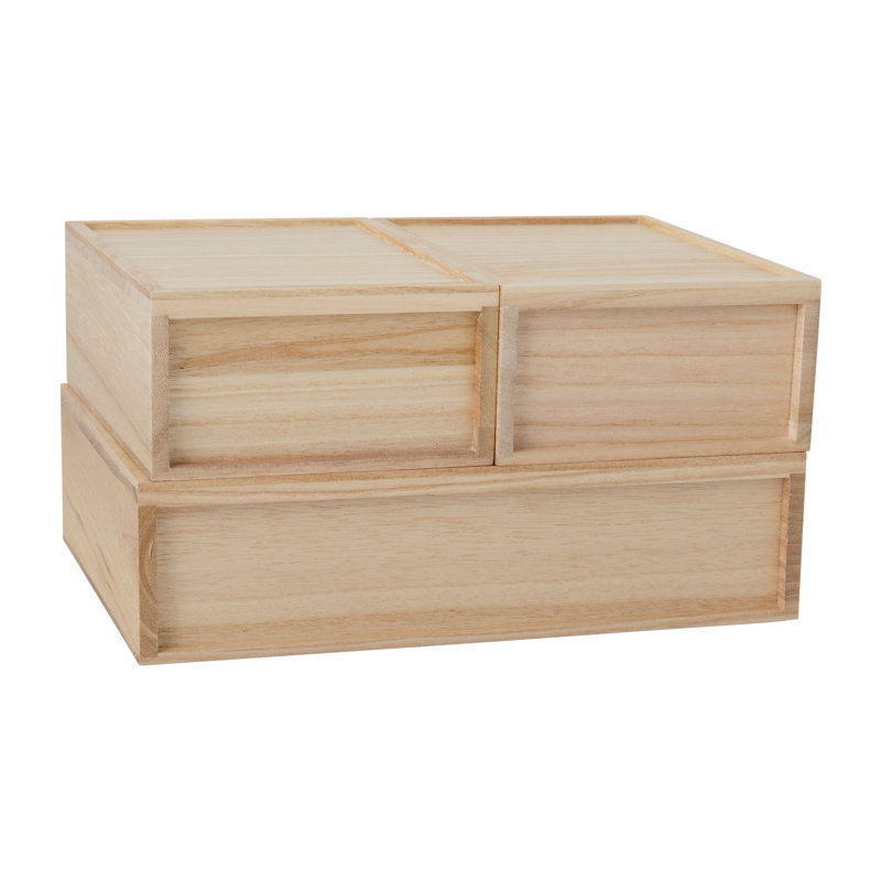 Light Natural Paulownia Wood Stackable Storage Boxes with Drawers, Set of 3