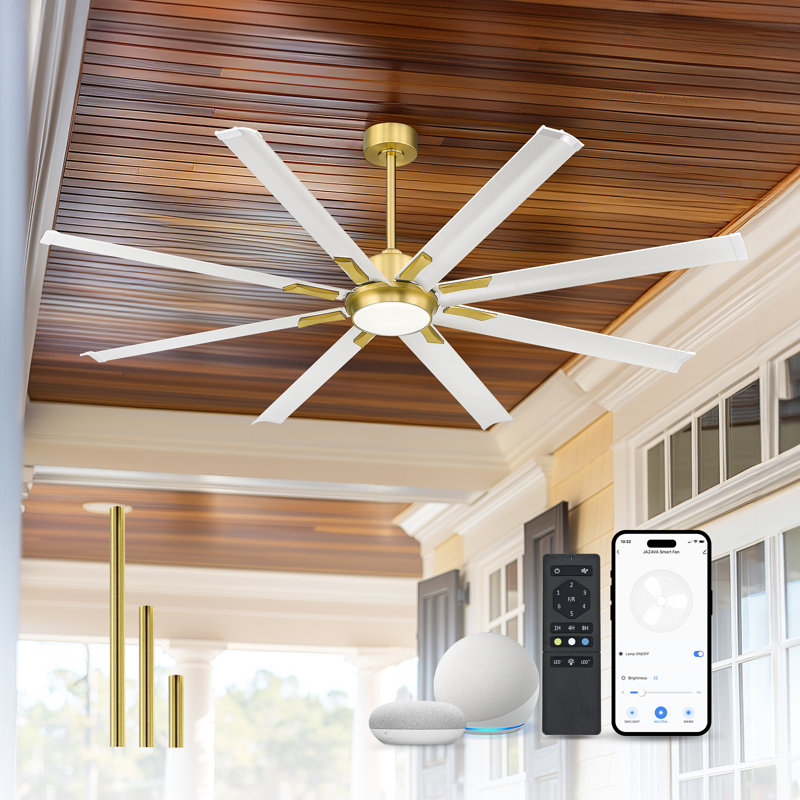 72"Industrial Ceiling Fan With Light,With 8 Aluminium Metal Blades,Works with Alexa, Gold with White Blades