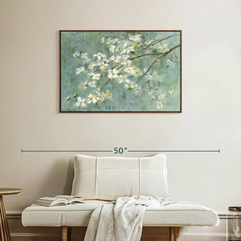 Cornouiller au printemps sur fond bleu, 37 po x 25 po, Cadre flottant noyer