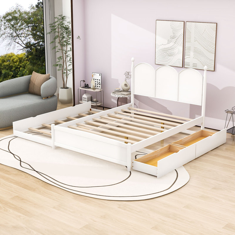 Grand lit plateforme en bois avec lit gigogne et 2 tiroirs, Blanc