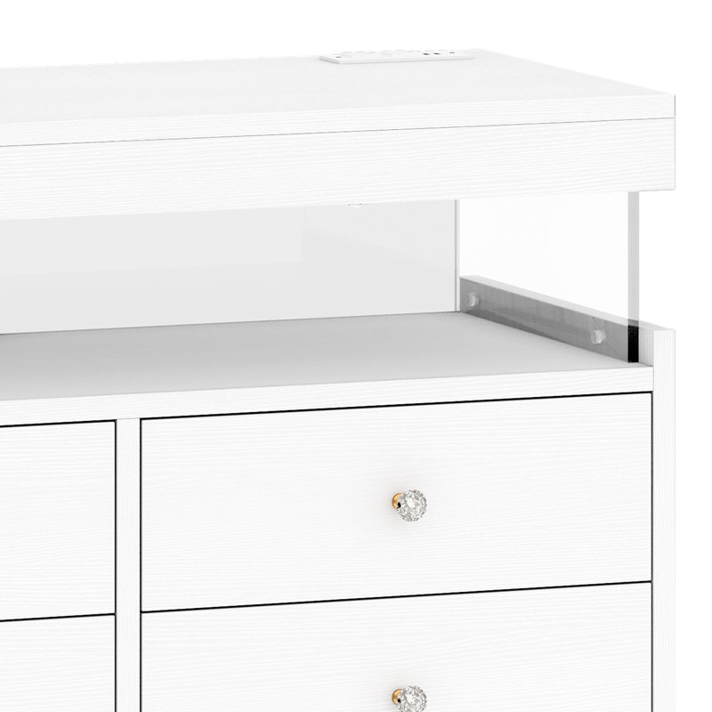 39.3"W  6 - Drawer Dresser Accent Chest with Power Outlet, LED Lights and Open Shelf