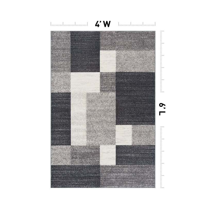 Akieba Geometric Tufted Gray/Black/Ivory Non-Slip Rubberback Area Rug, Rectangle 4' x 6'