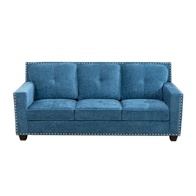 Lake Blue Flannelette Nailhead Trim Three-Seat Sofa, 34" H x 79.5" W x 34" D