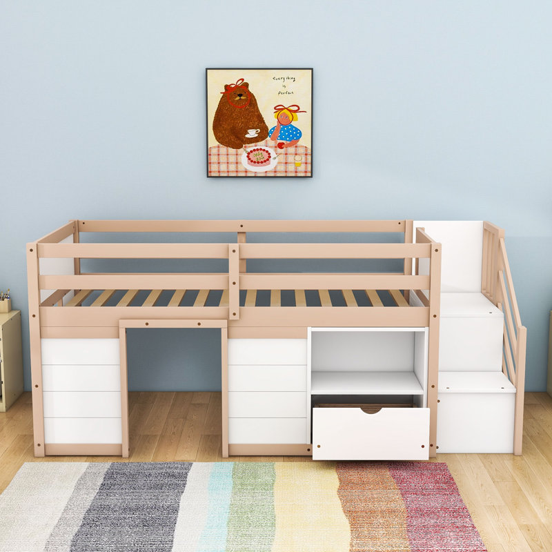 Twin Low Loft Bed With Built-In Stairs And Storage Drawer,Shelves, Cream/White