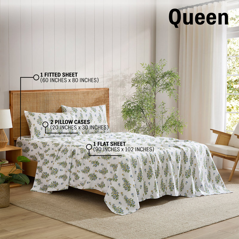 HLC.ME Color Block Printed Floral Bed Sheets - 4 Piece Patterned Bed Sheet Set - Wrinkle Resistant & Soft - Fits Mattresses Up To 15 Inches Deep (Queen, Blue)