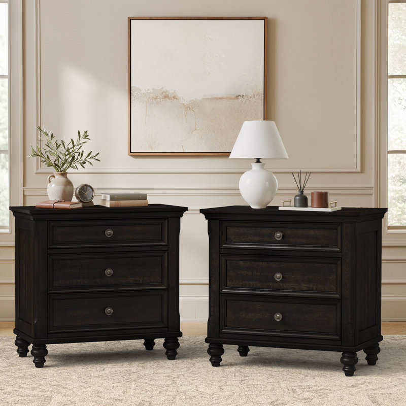 Mid-Century Modern Solid Wood Nightstand 3-Drawers, Vintage Black