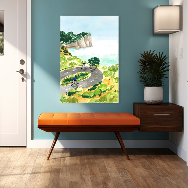 «Coastal Cycling Adventure», art contemporain de paysage côtier abstrait, H 48 po x l 32 po