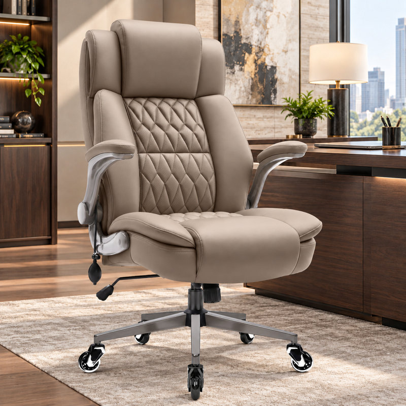Chaise de bureau ergonomique moderne en cuir synthétique avec lombaire réglable, Kaki
