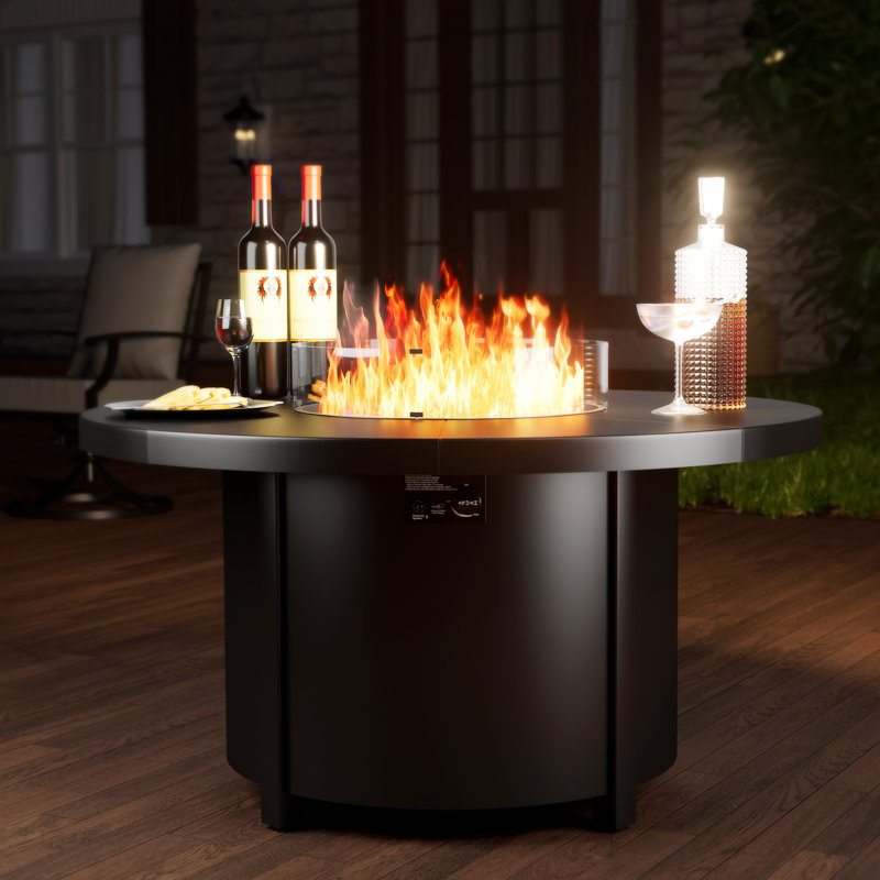 48" Round Propane Fire Pit,Steel Tabletop Fire Pit,55000 BTU Auto-Ignition Gas Fire Pits With Lid & Windproof Glass For Outdoor,Patio,Backyard