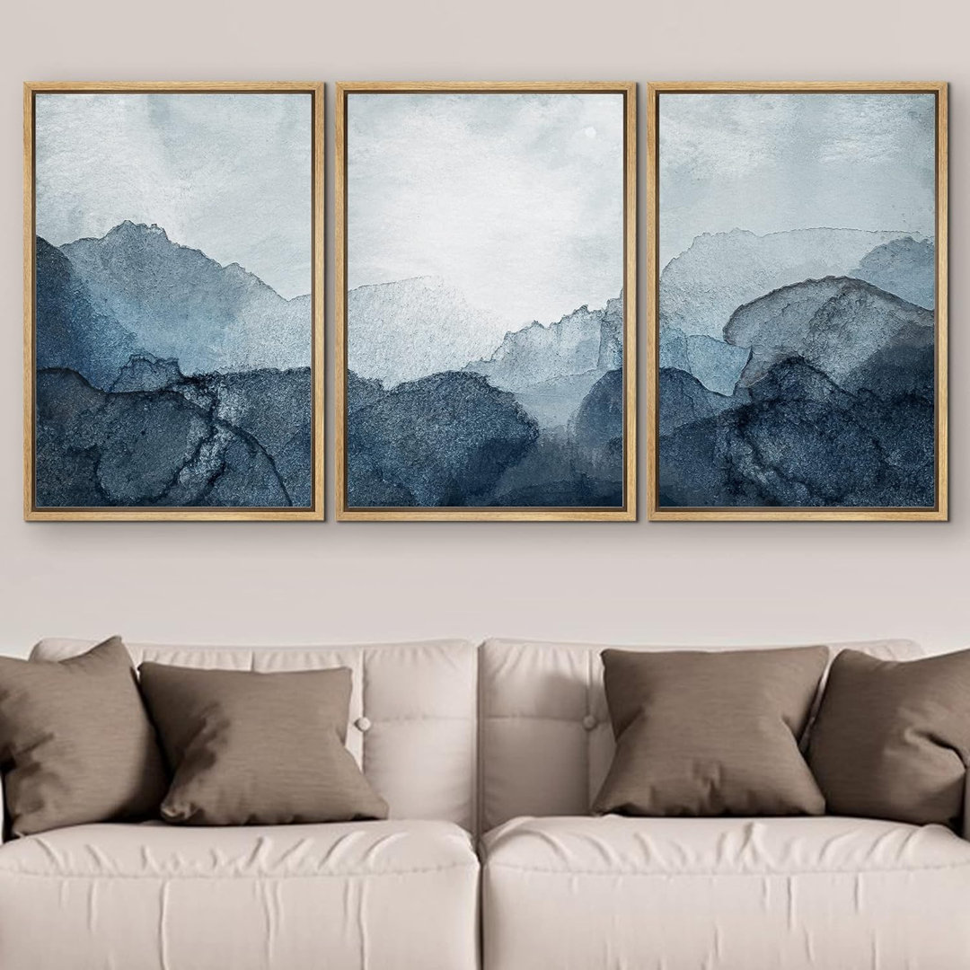 " Navy Blue Dark Pastel Watercolor Landscape Shape Abstract Illustration Modern Art Minimal " 3 - Pieces wall26 Frame 