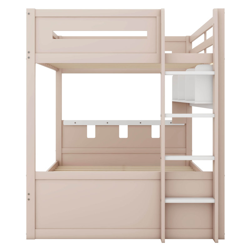 Castle-Themed Bunk Bed Equipped With Two Drawers, A Shelf, And LED Lights, White, Full