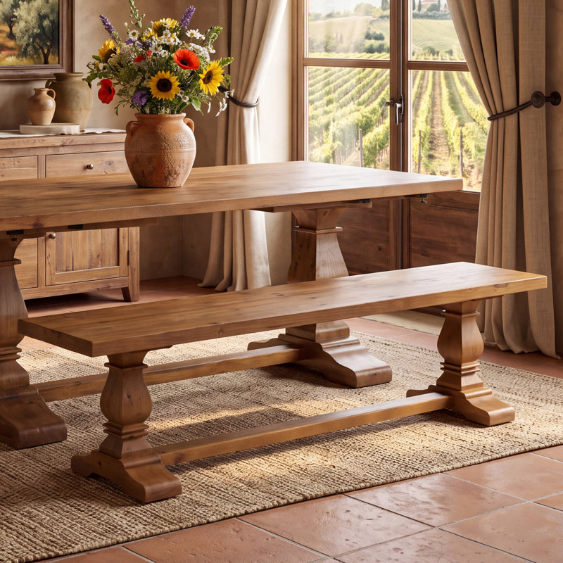 Solid Wood Bench With Double Trestle